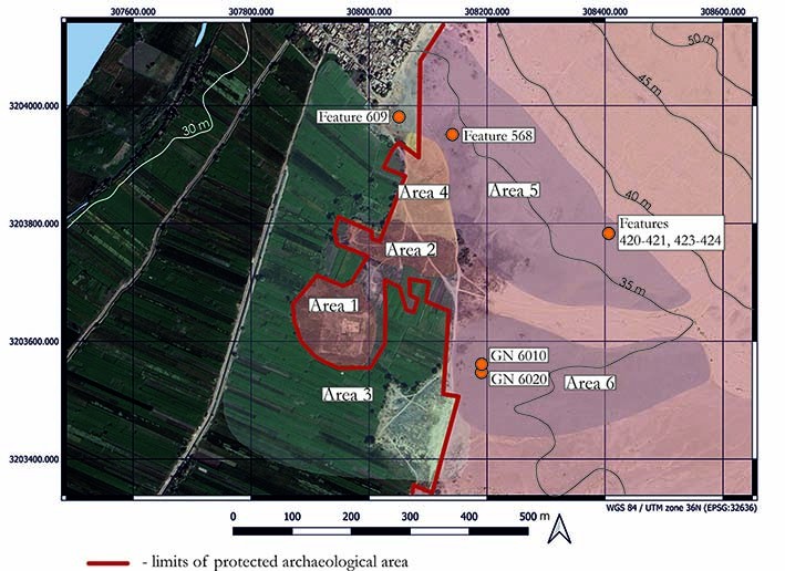 Main areas of the Gebel el-Nour archaeological zone and the principal features discussed in this paper (M.A. Lebedev)