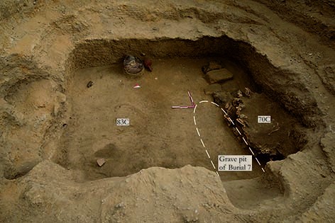 Excavation of the upper part of Tomb GN 6020, showing the principal features discussed in this paper (S.E. Malykh, M.A. Lebedev)