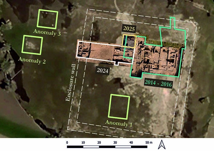 Trenches excavated in the temple area (Area I) at Gebel el-Nour in 2014–2016 and 2024–2025, and the location of anomalies (potential structures) identified during the 2025 GPR survey (M.A. Lebedev)