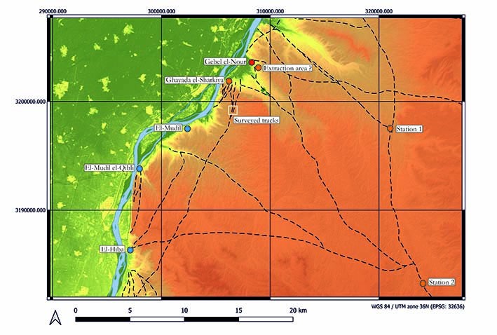General map of the archaeological survey conducted in the vicinity of Wadi Gha-yada (M.A. Lebedev)