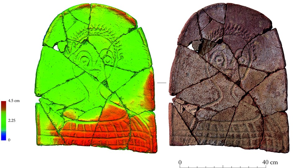 Ceramic lid fragment (GN25/6012/p1) that originally covered the upper part of the interment in Coffin 4, discovered in Burial Chamber GN 6012 (M.A. Lebedev)